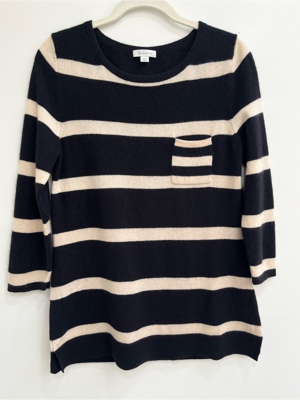 Garnet Hill black tan striped cashmere tunic sweater chest pocket size small